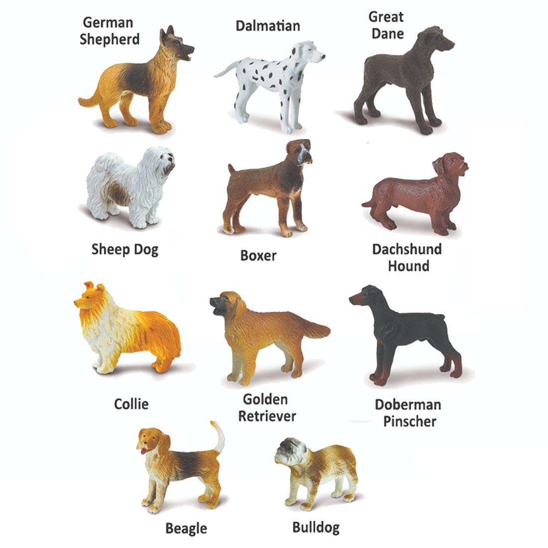 11 Dog Figurines labeled with their names: german shepherd, dalmatian, great dane, sheep dog, boxer, dachshund hound, collie, golden retriever, doberman pinscher, beagle, bulldog