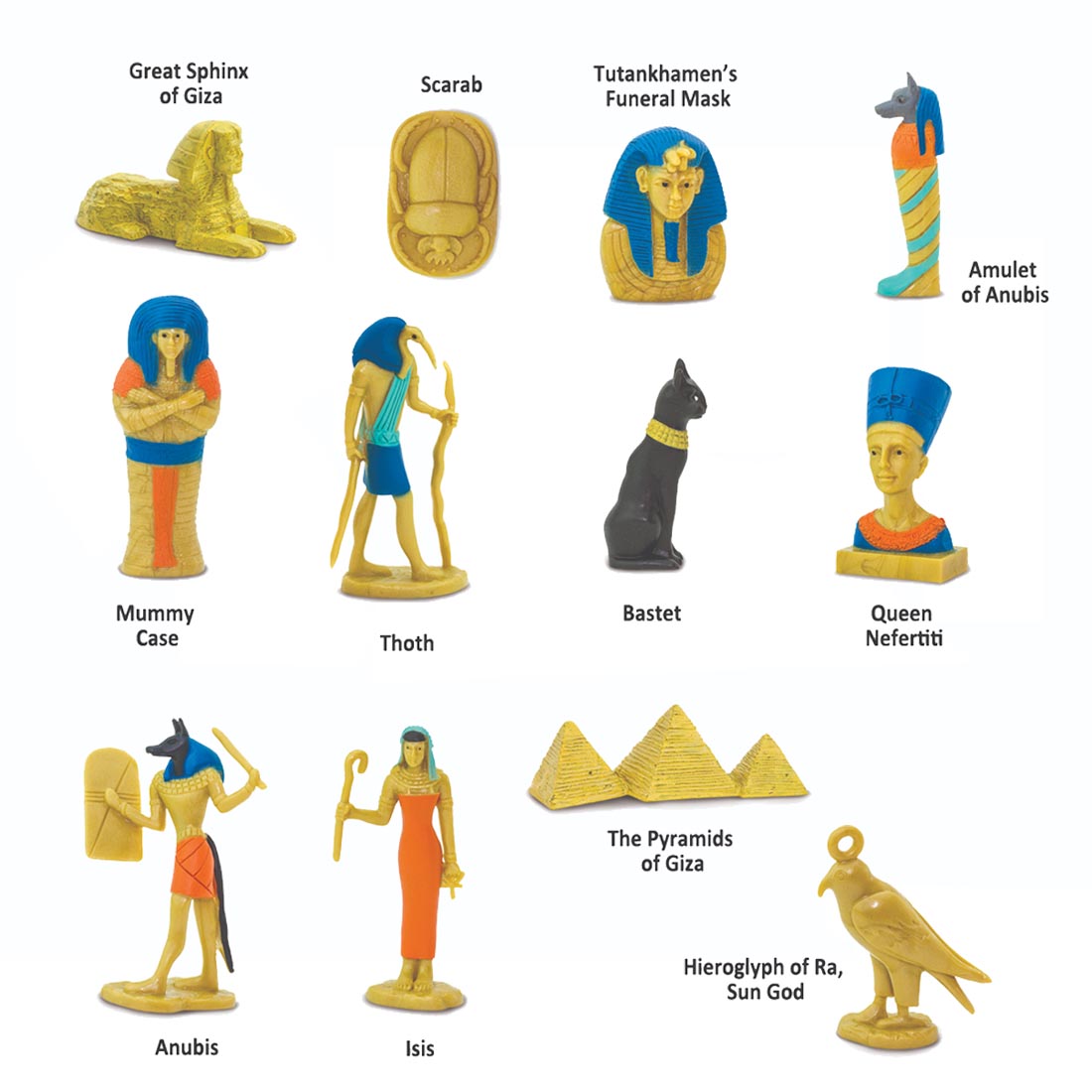 12 pieces from the Ancient Egypt Figurine Set labeled with their names