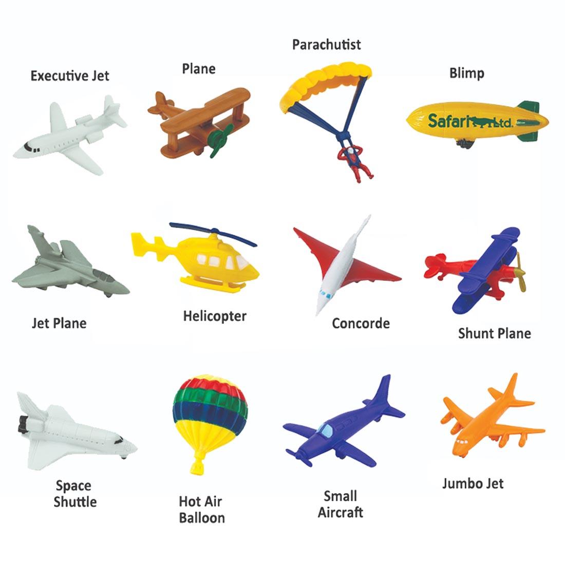 12 pieces of In the Sky Figurines labeled with their names: executive jet, plane, parachutist, blimp, jet plane, helicopter, Concorde, shunt plane, space shuttle, hot air balloon, small aircraft, jum