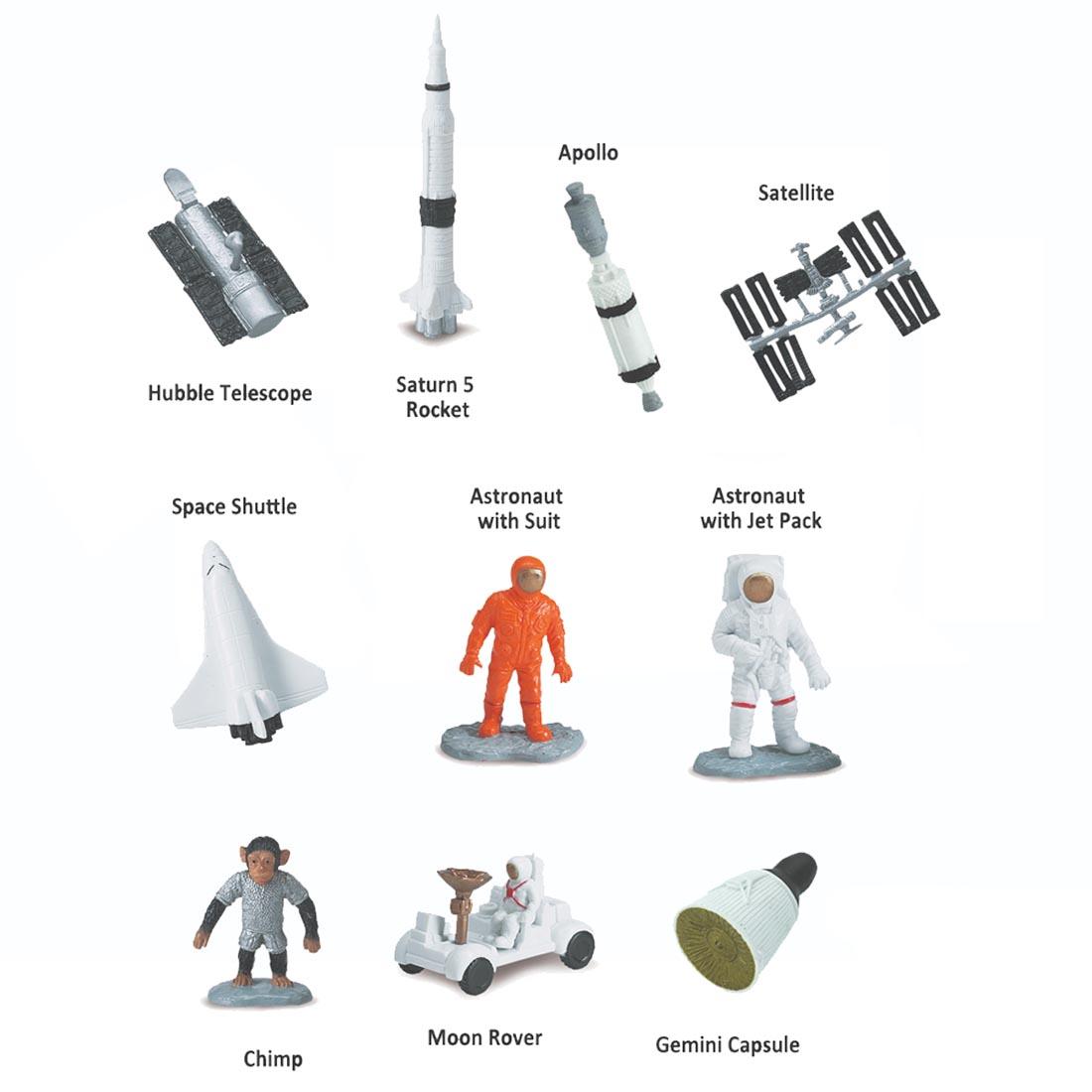 10 pieces from the Space Figurine Set labeled with their names: hubble telescope, Saturn 5 Rocket, Apollo, satellite, space shuttle, 2 astronauts, chimp, moon rover, Gemini capsule