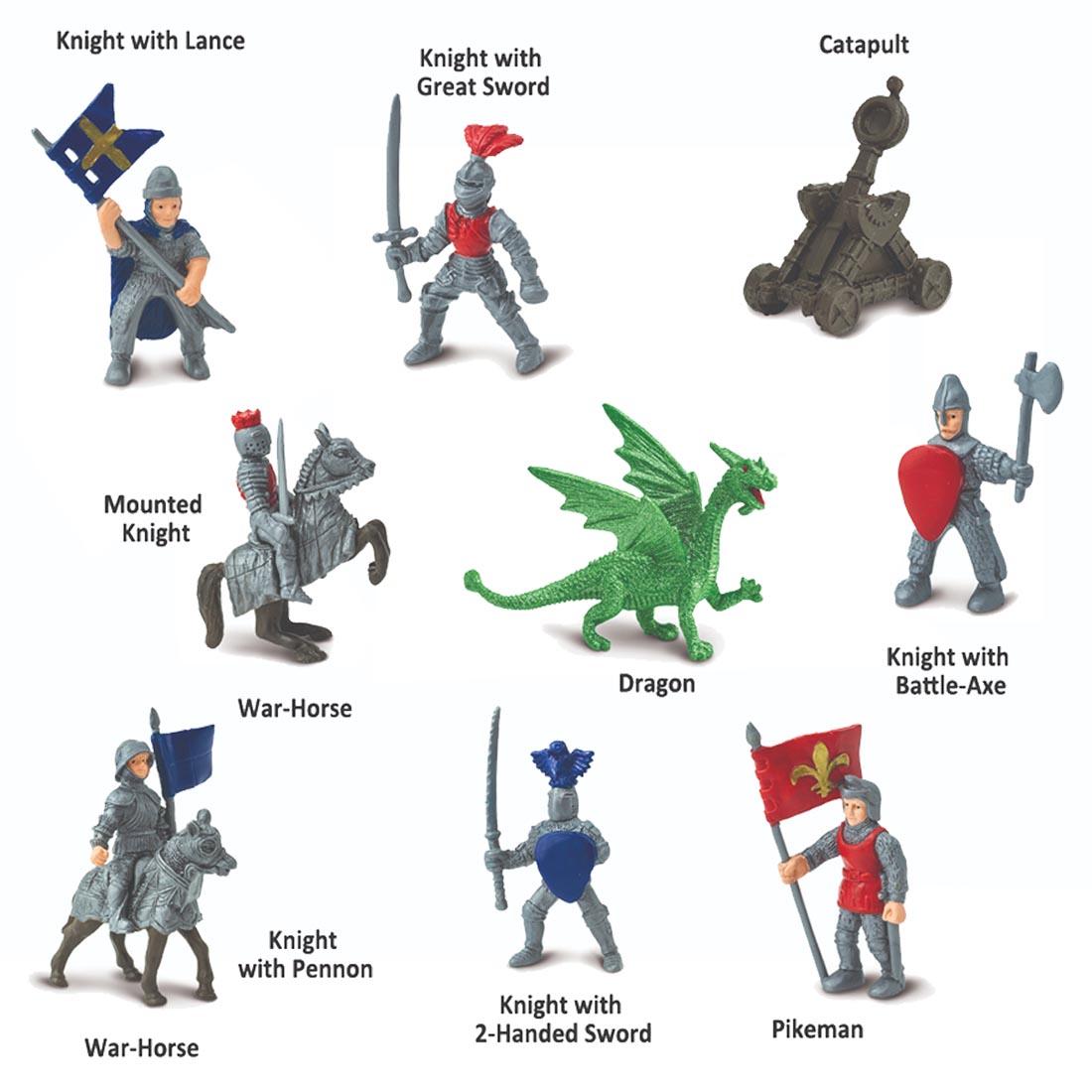 9 pieces from the Knights & Dragons Figurine Set labeled with their names