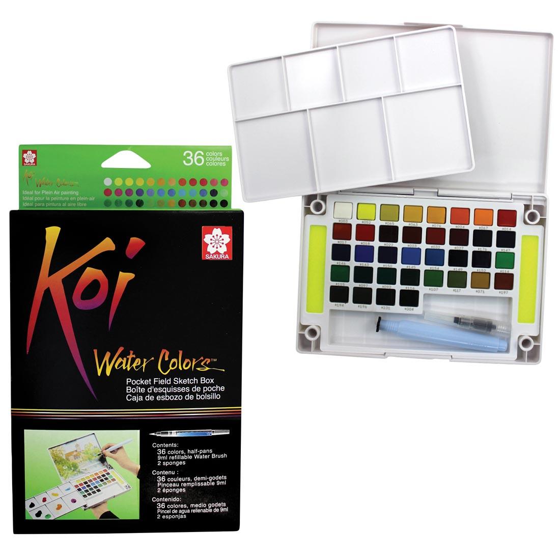 Sakura Koi Water Colors Pocket Field Sketch Box 36-Color shown both in package and open