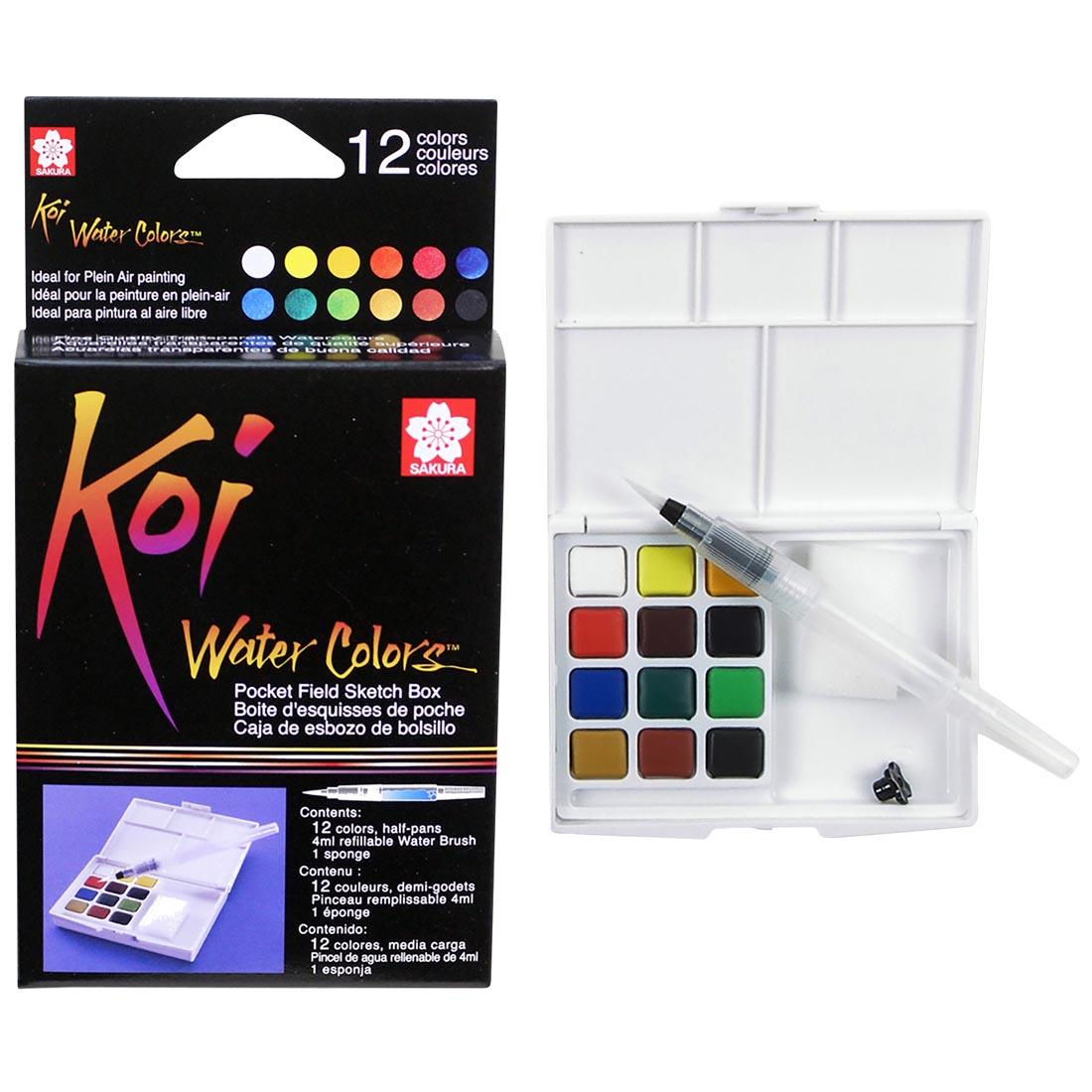 Sakura Koi Water Colors Pocket Field Sketch Box 12-Color Set shown open beside its package