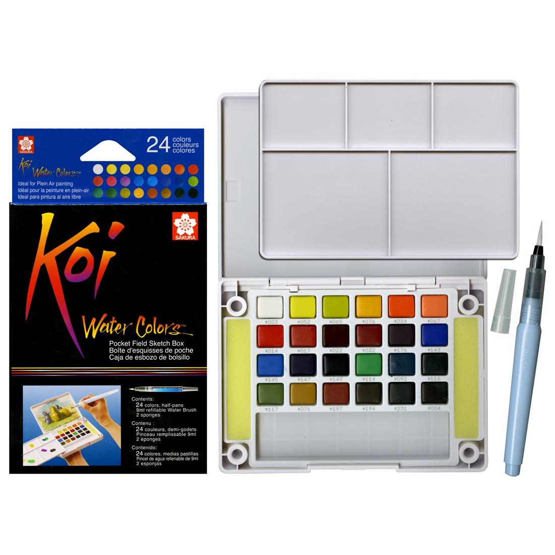 Sakura Koi Water Colors Pocket Field Sketch Box 24-Color shown open beside its packaging