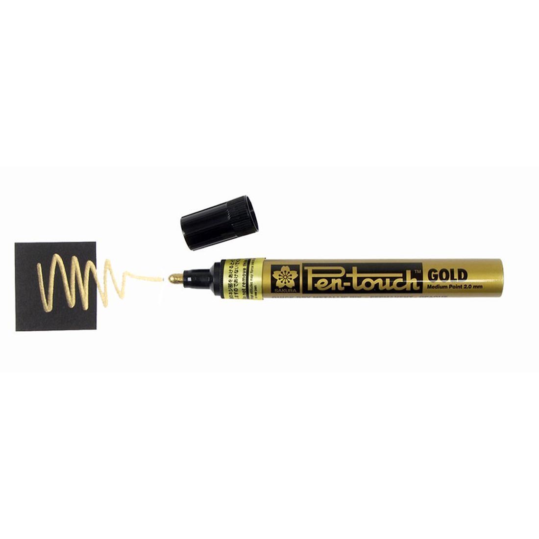 Sakura Pen-Touch Opaque Marker Medium Point Metallic Gold with cap off and sample scribble line drawn