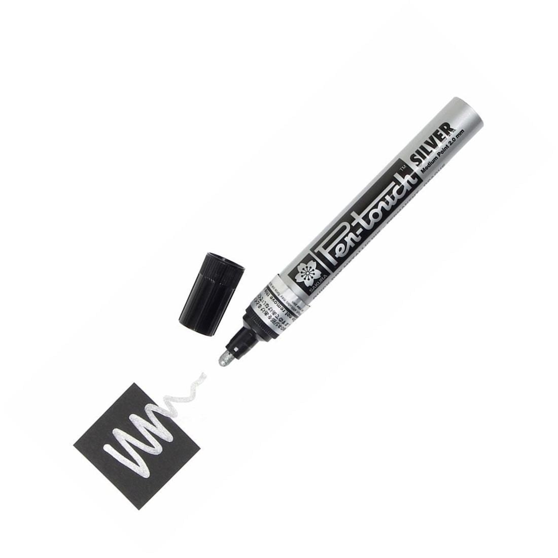 Sakura Pen-Touch Opaque Marker Medium Point Silver with cap off and sample scribble line drawn