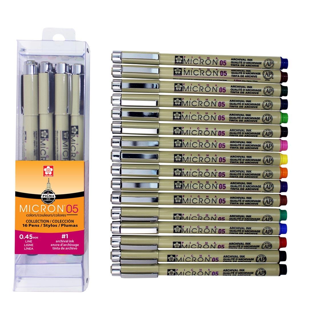 Sakura Pigma Micron Pens 16-Color Set shown in the box and with pens lined up next to it