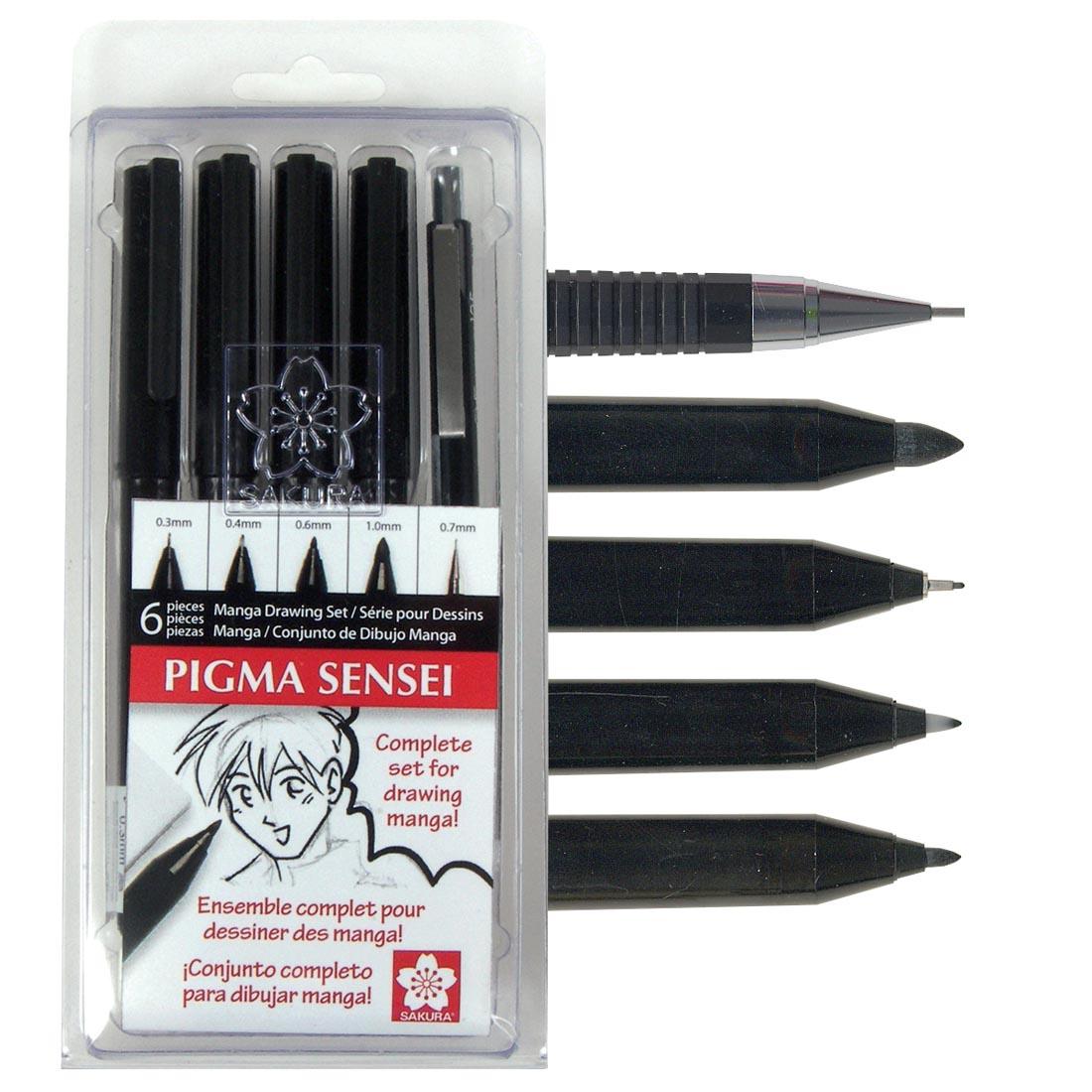 Sakura Pigma Sensei Complete Set For Drawing Manga package with a closeup of the 5 different tips to the side