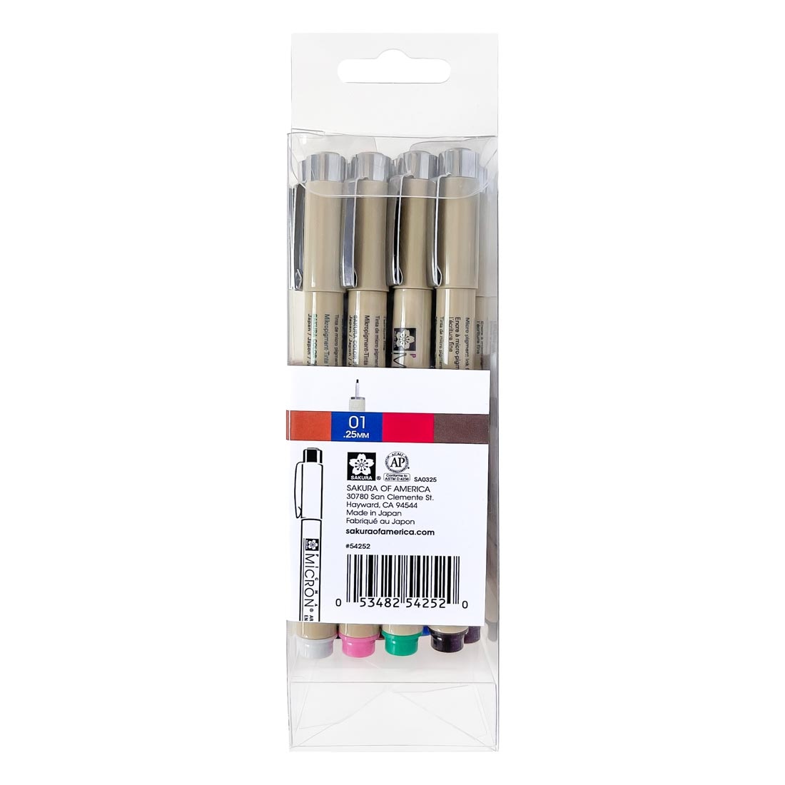back of package for the Sakura Pigma Micron Pens 01 (0.25mm) 16-Color Set