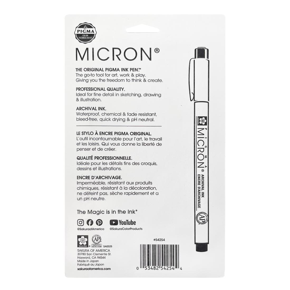 back of package for the Sakura Pigma Micron Pens 01 (0.25mm) 6-Color Earth Set