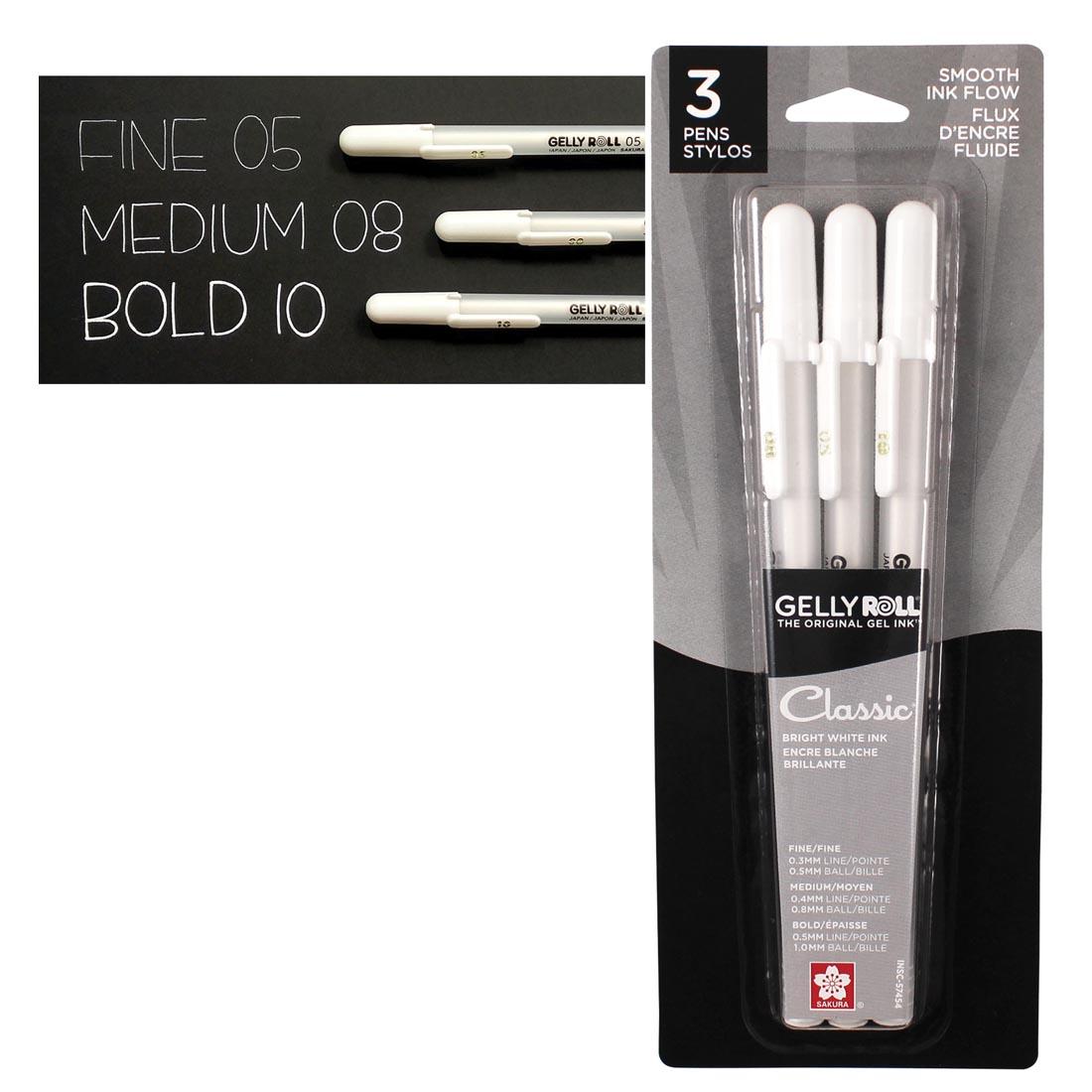 Sakura Gelly Roll Classic White Gel Pen Set Package beside the individual pens labeled with their size: Fine 05, Medium 08, Bold 10