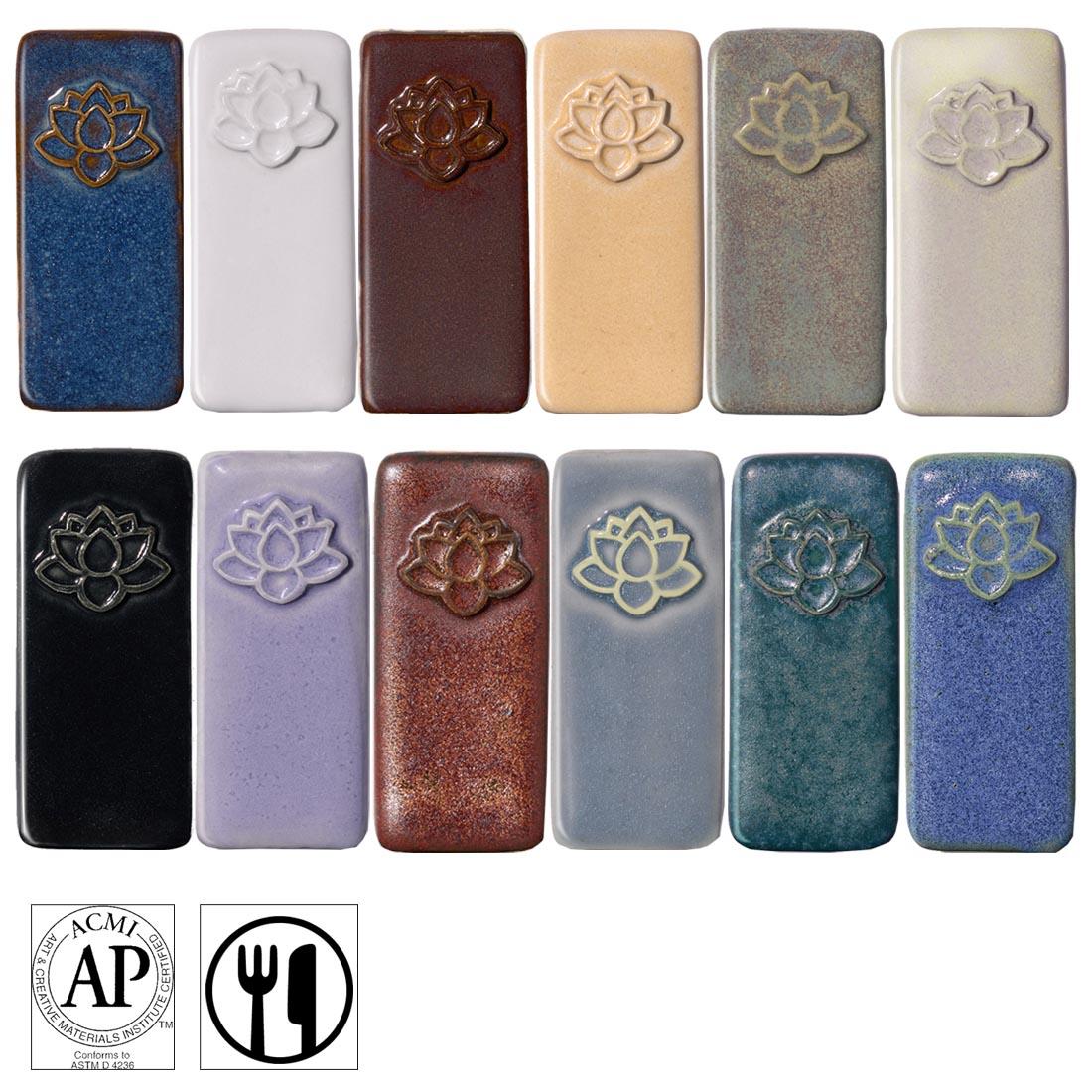 clay tiles with colors from the Speedball Mid-Fire Glaze Sampler Pack applied, plus symbols for AP Seal and Food Safe