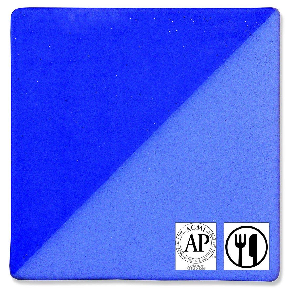 clay tile with Medium Blue Speedball Ceramic Underglaze applied; symbols for AP Seal and food safe