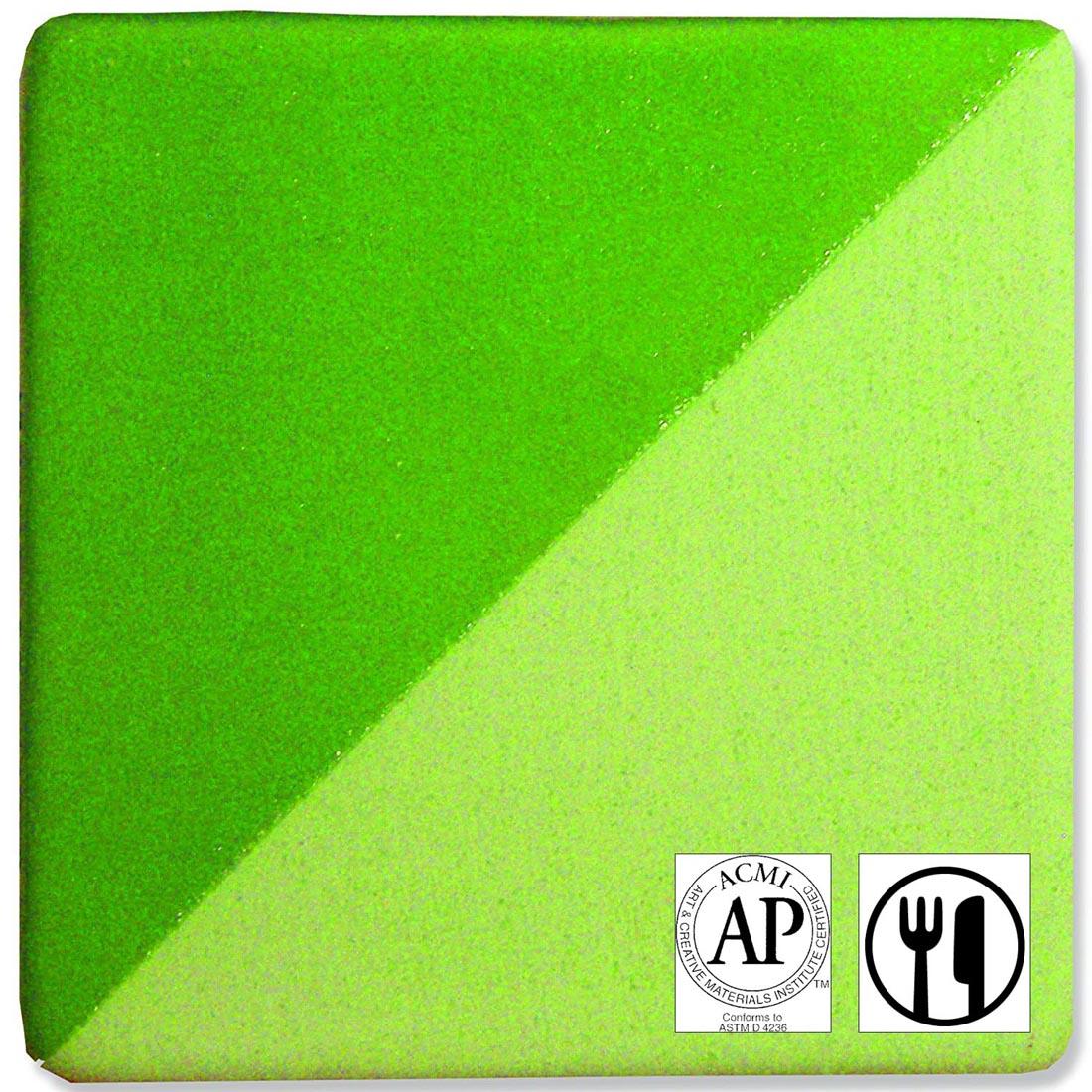 clay tile with Medium Green Speedball Ceramic Underglaze applied; symbols for AP Seal and food safe