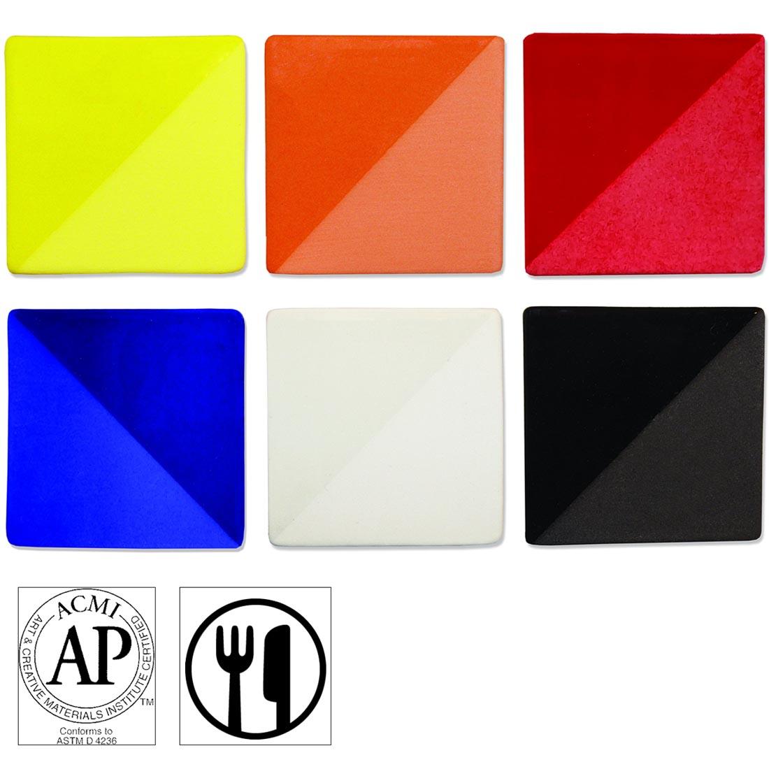 6 color swatches from Speedball Ceramic Underglazes Set; with symbols for AP Seal and food safe