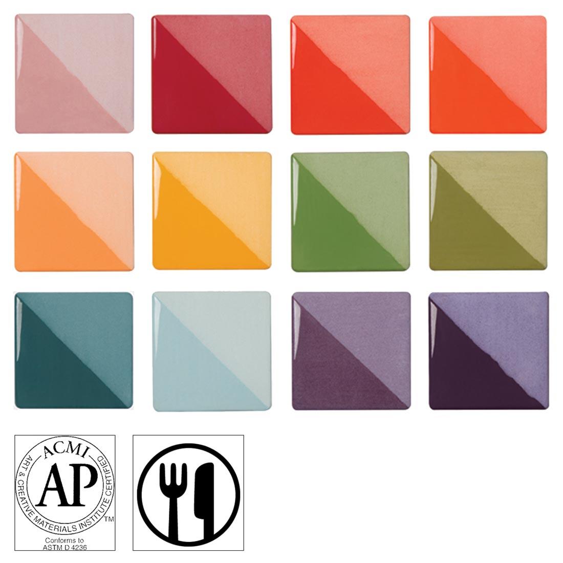 12 color swatches from Speedball Ceramic Underglazes Set; with symbols for AP Seal and food safe