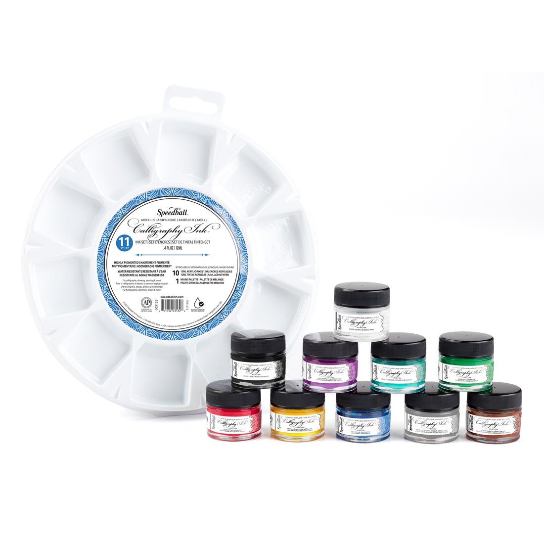 Speedball Calligraphy Ink Palette Kit, showing empty palette and 10 jars of ink