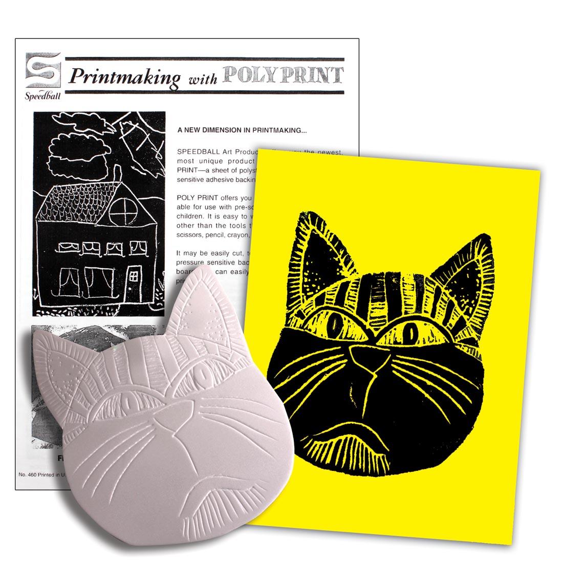 Speedball Polyprint Printing Plates with sample cat carved and printed