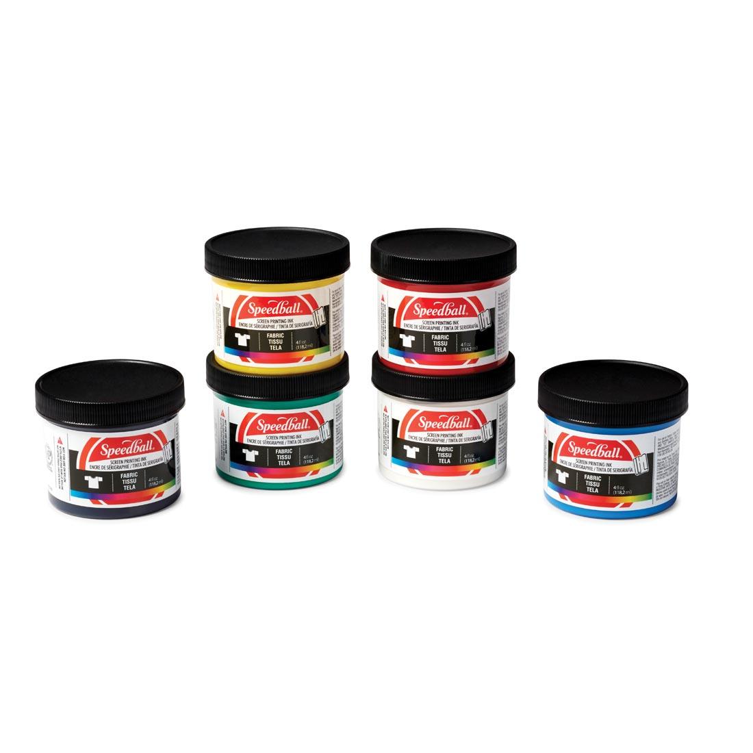 6 jars of ink, found in Speedball Fabric Screenprinting Ink Starter Set