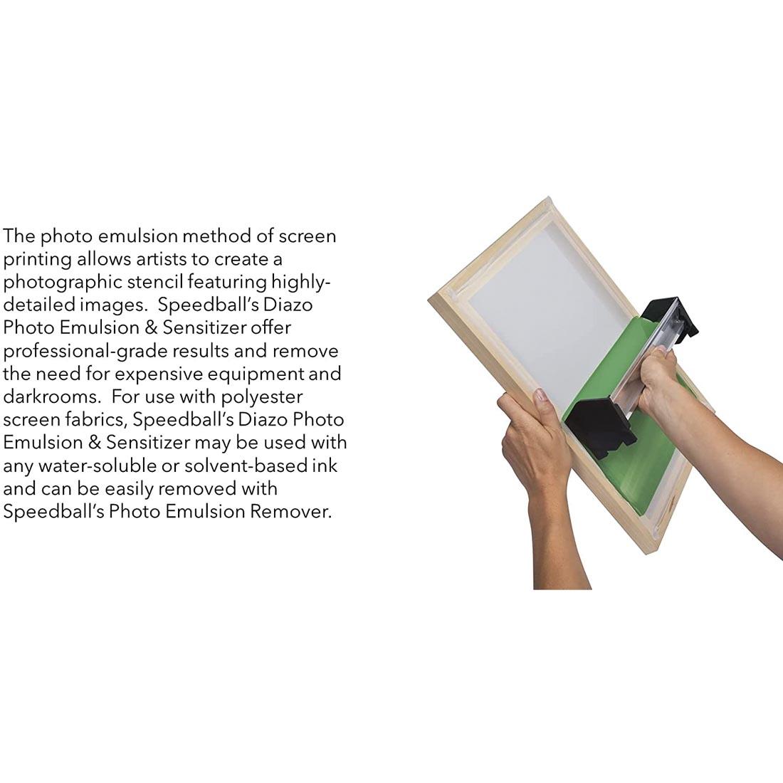 Hands holding a screen beside text explaining the photo emulsion method of screen printing