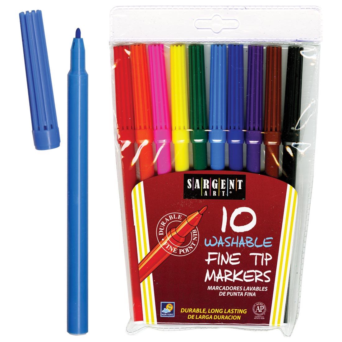 Sargent Art Washable Bullet Tip Markers 10-Color Set beside an open blue marker