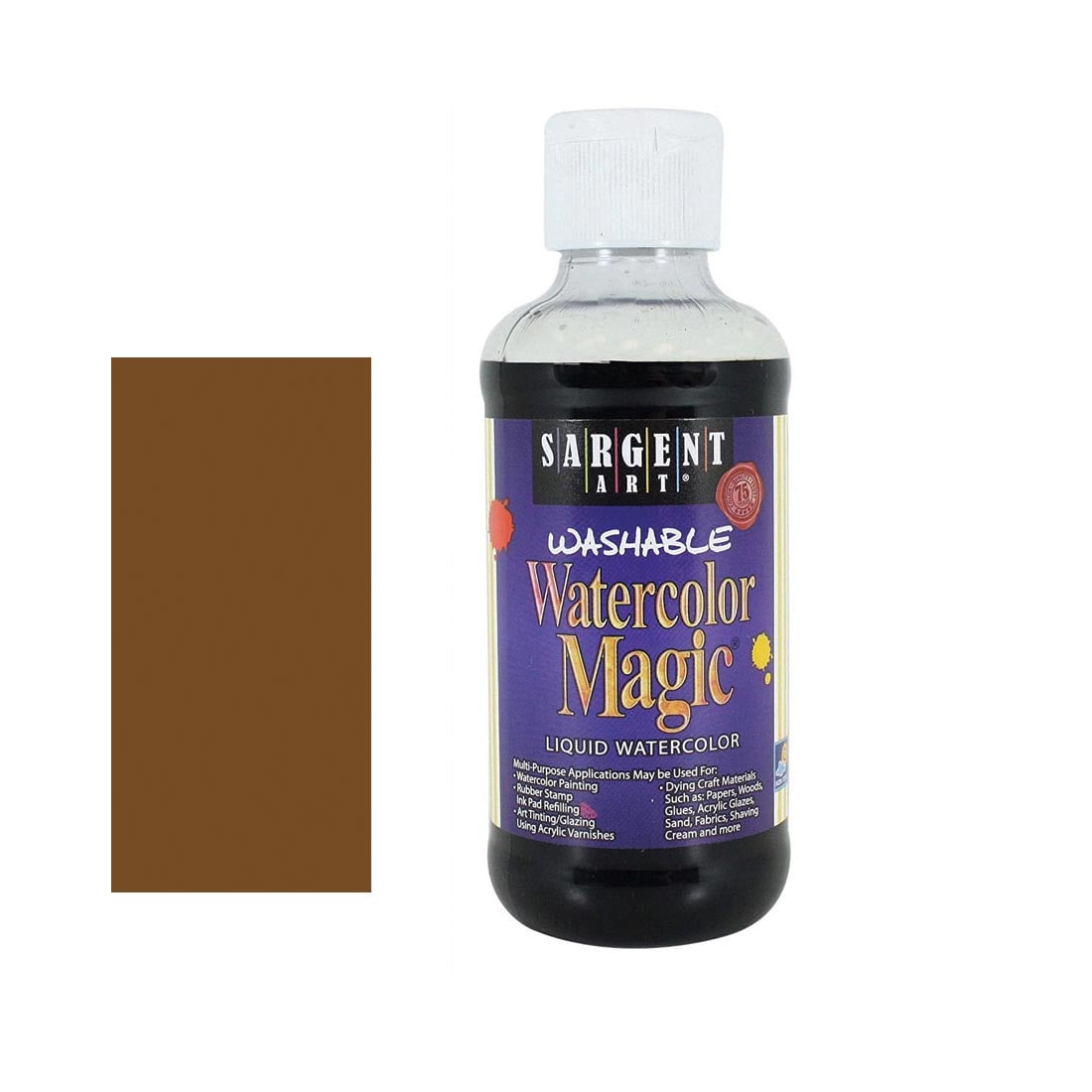 Bottle of Brown Sargent Art Washable Watercolor Magic Liquid Watercolor beside a rectangular color swatch