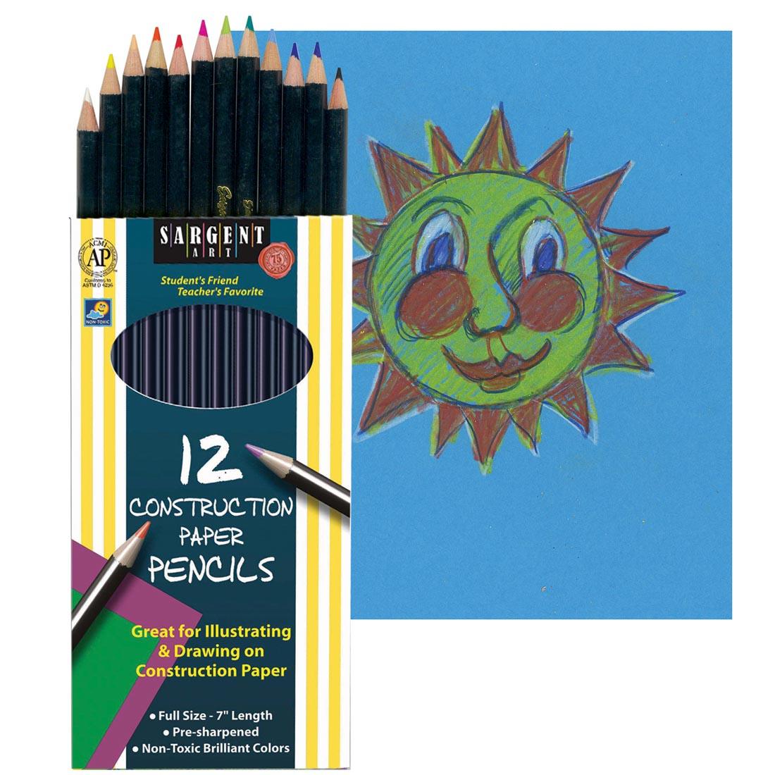 Sargent Art Construction Paper Pencils 12-Color Set beside a drawing of a smiling sun