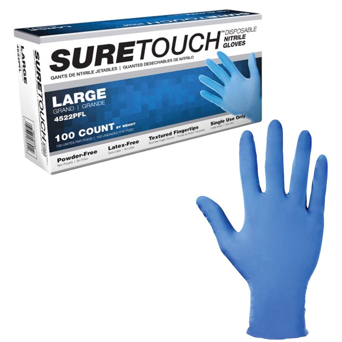 Box of Suretouch Disposable Large Nitrile Gloves, with one glove shown outside the box