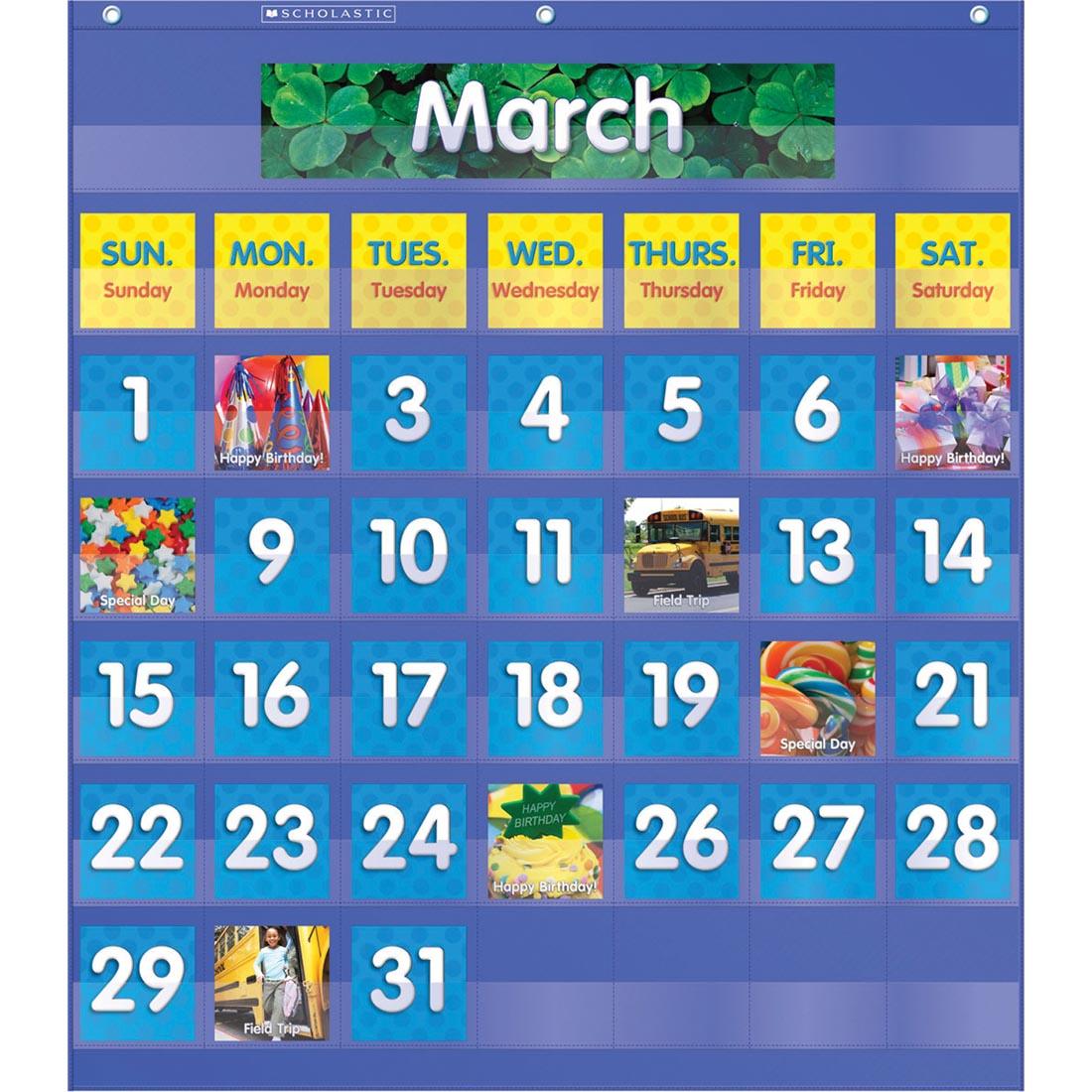 Blue Monthly Calendar Pocket Chart shown in use for the month of March