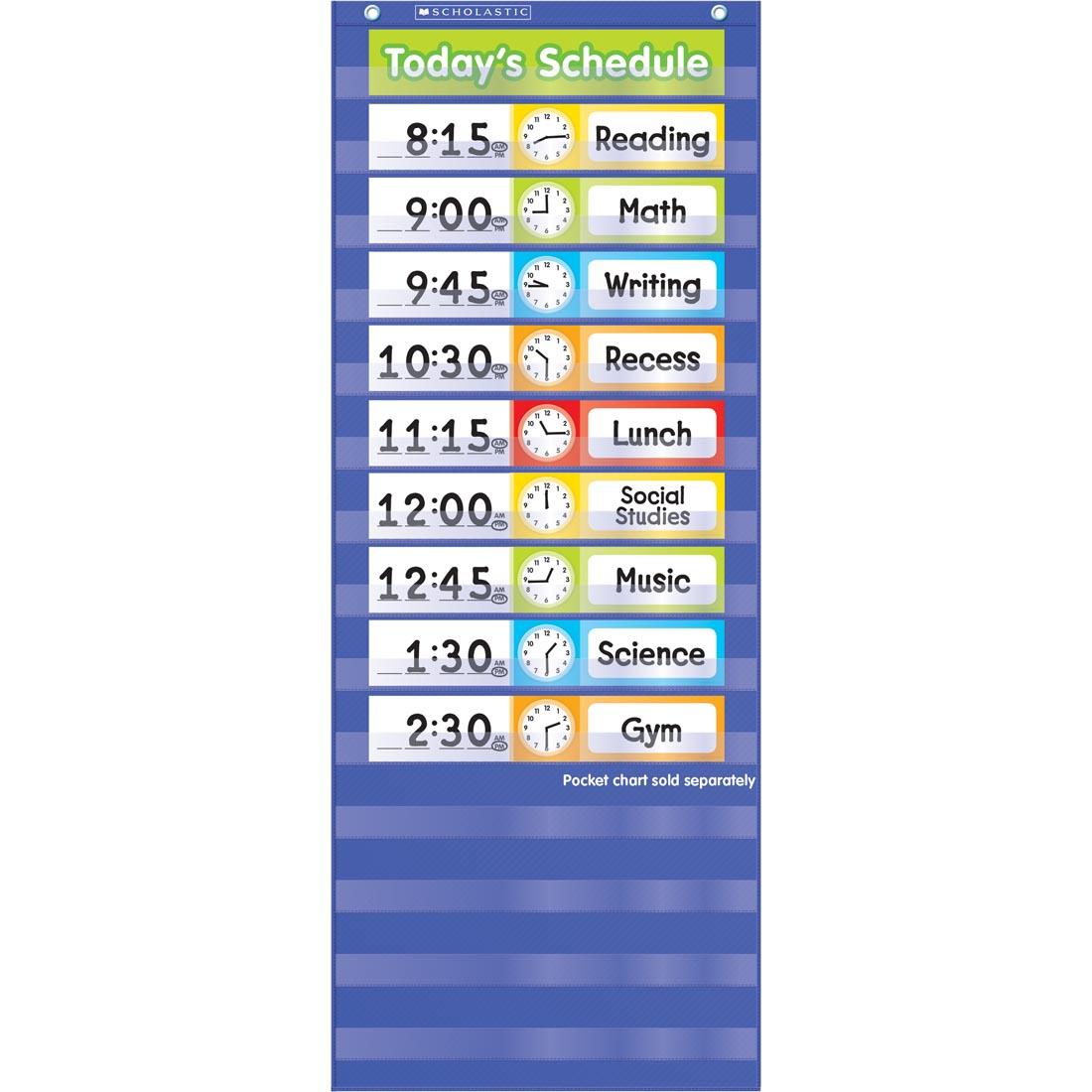 Schedule Cards Pocket Chart Add-Ons shown with times written in and in use with a pocket chart