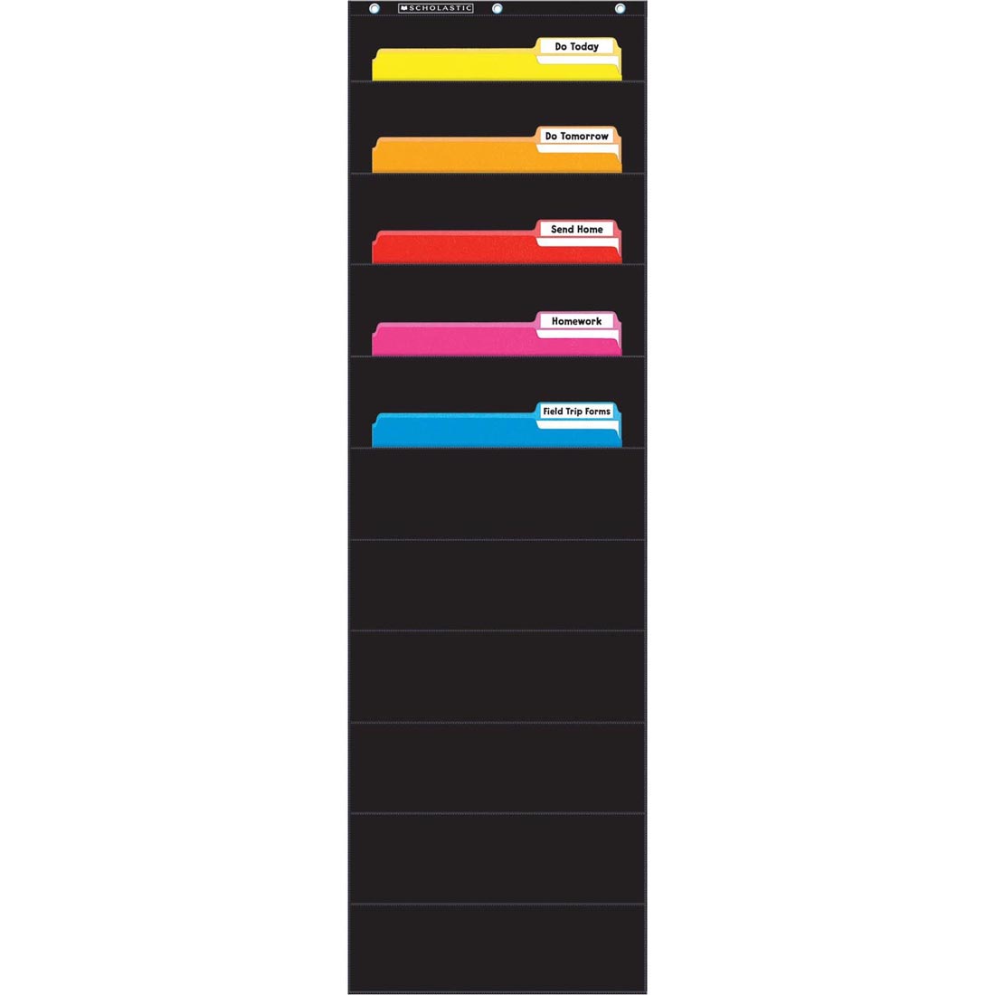 Black File Organizer Pocket Chart shown in use with example file folders