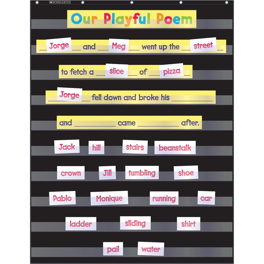 Black Standard Pocket Chart shown in use with word cards and sentence strips