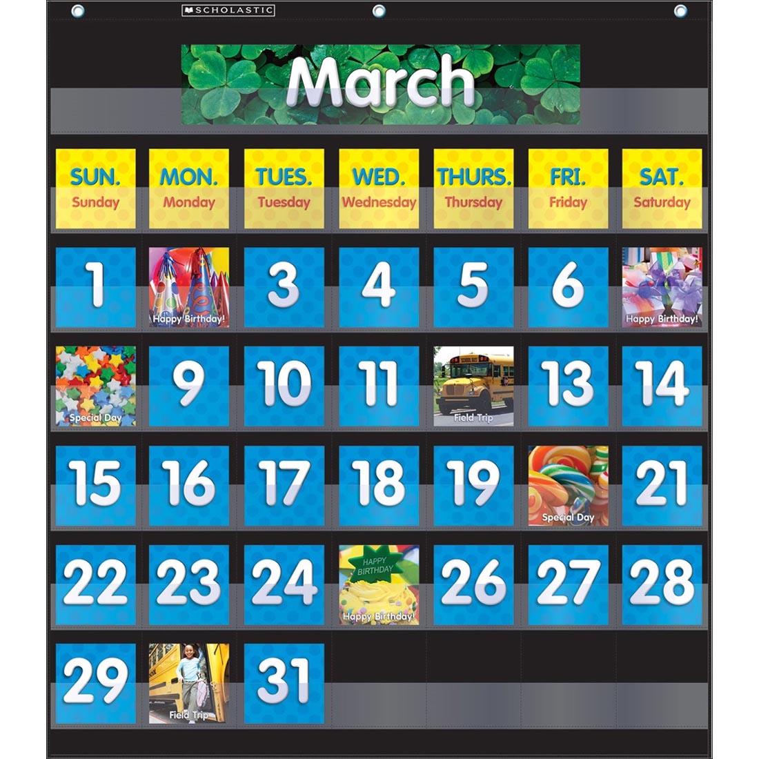 Black Monthly Calendar Pocket Chart shown in use for the month of March