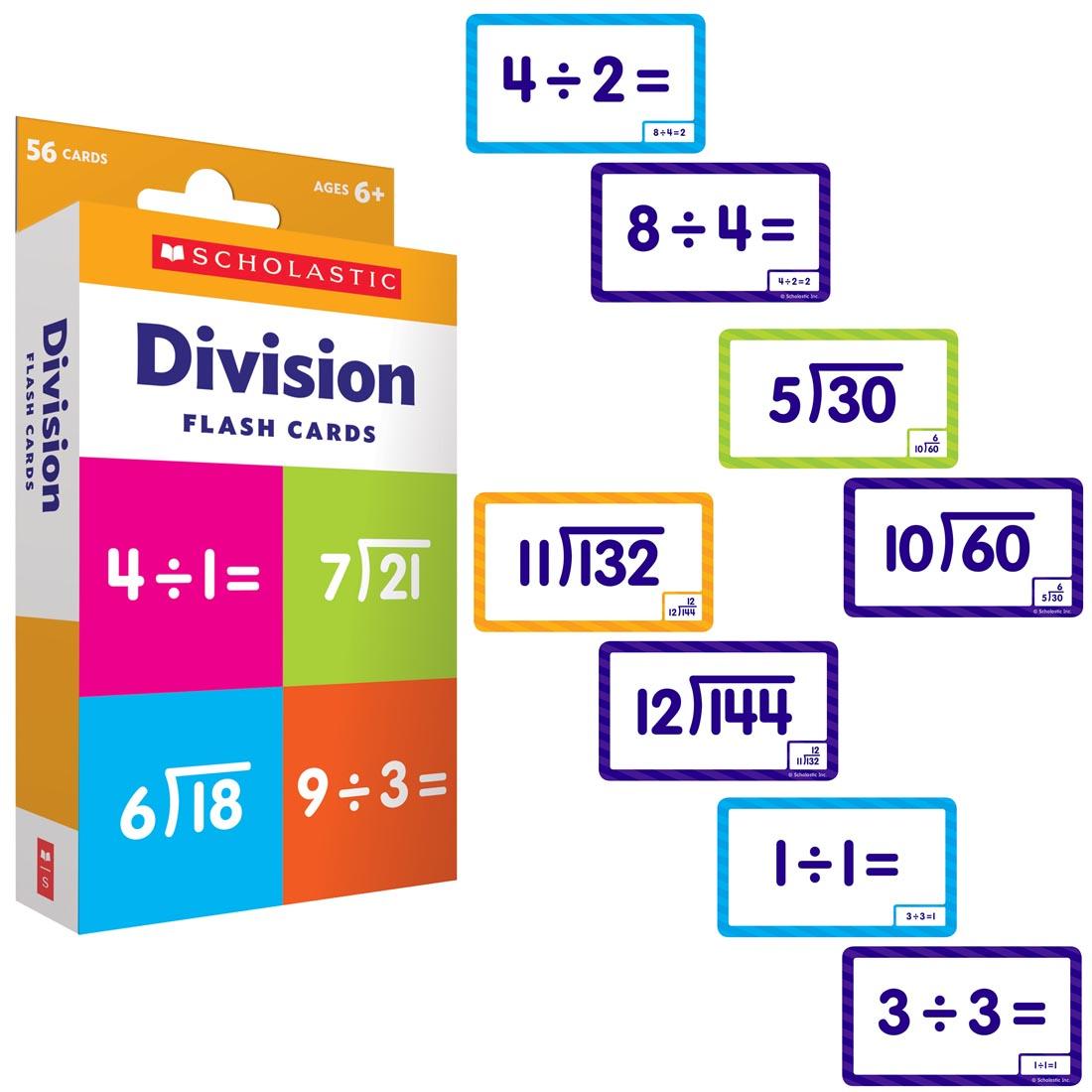 Box of Division Flash Cards by Scholastic shown beside 8 example cards