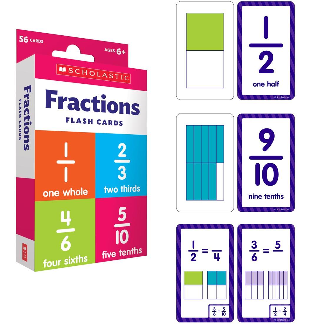 Box of Fractions Flash Cards by Scholastic shown beside example cards