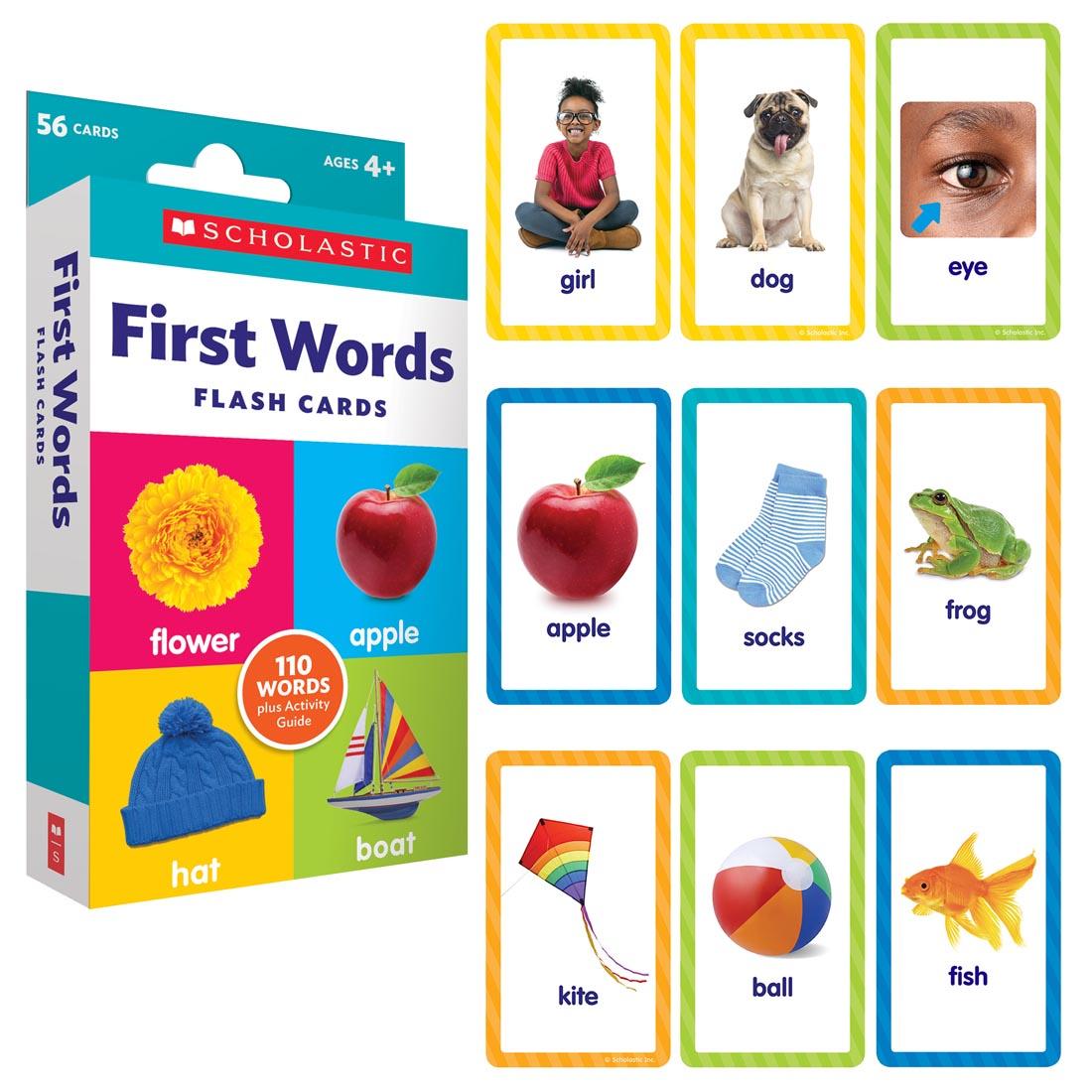 Box of First Words Flash Cards by Scholastic shown beside 9 example cards