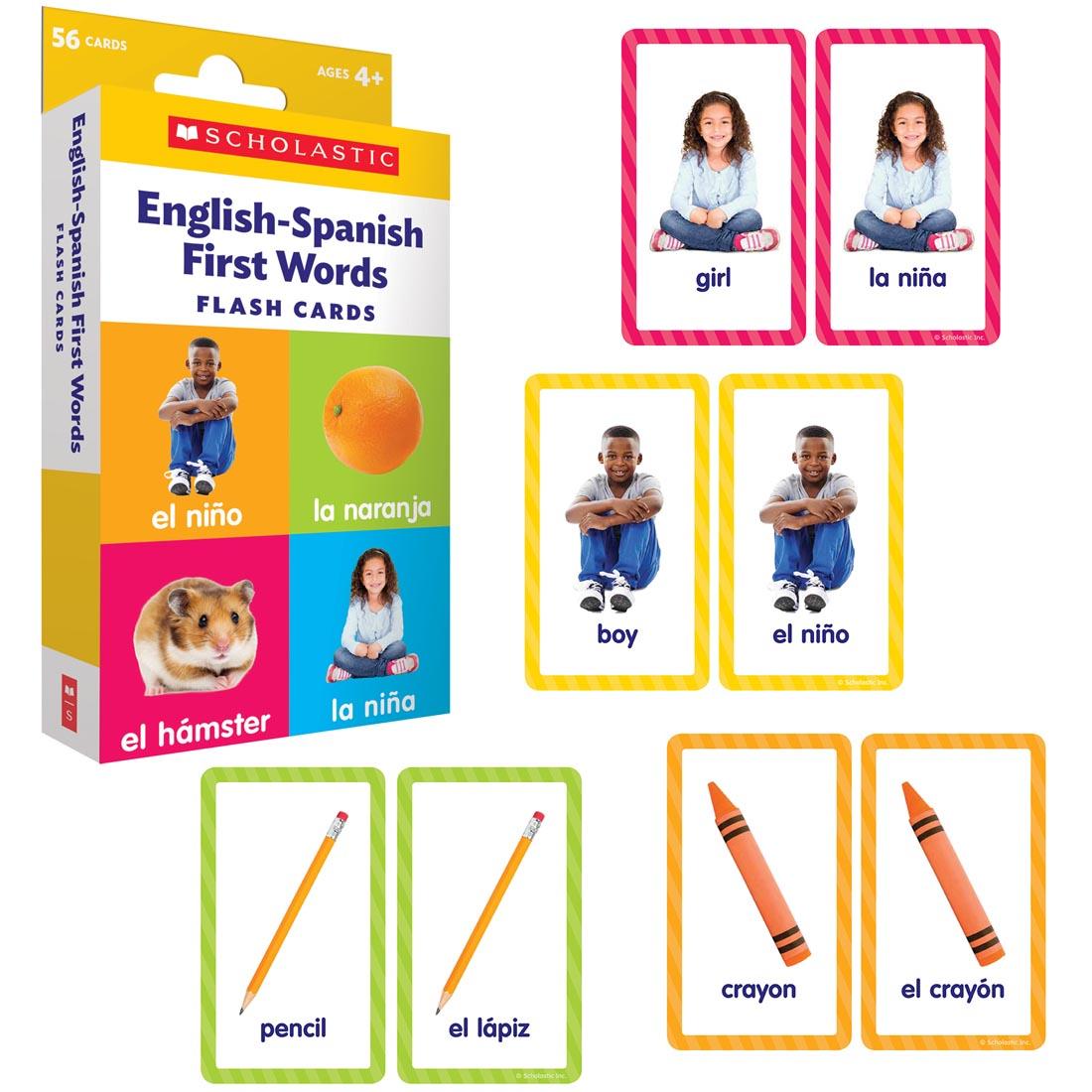 Box of English-Spanish First Words Flash Cards by Scholastic shown beside 4 examples of word pairs