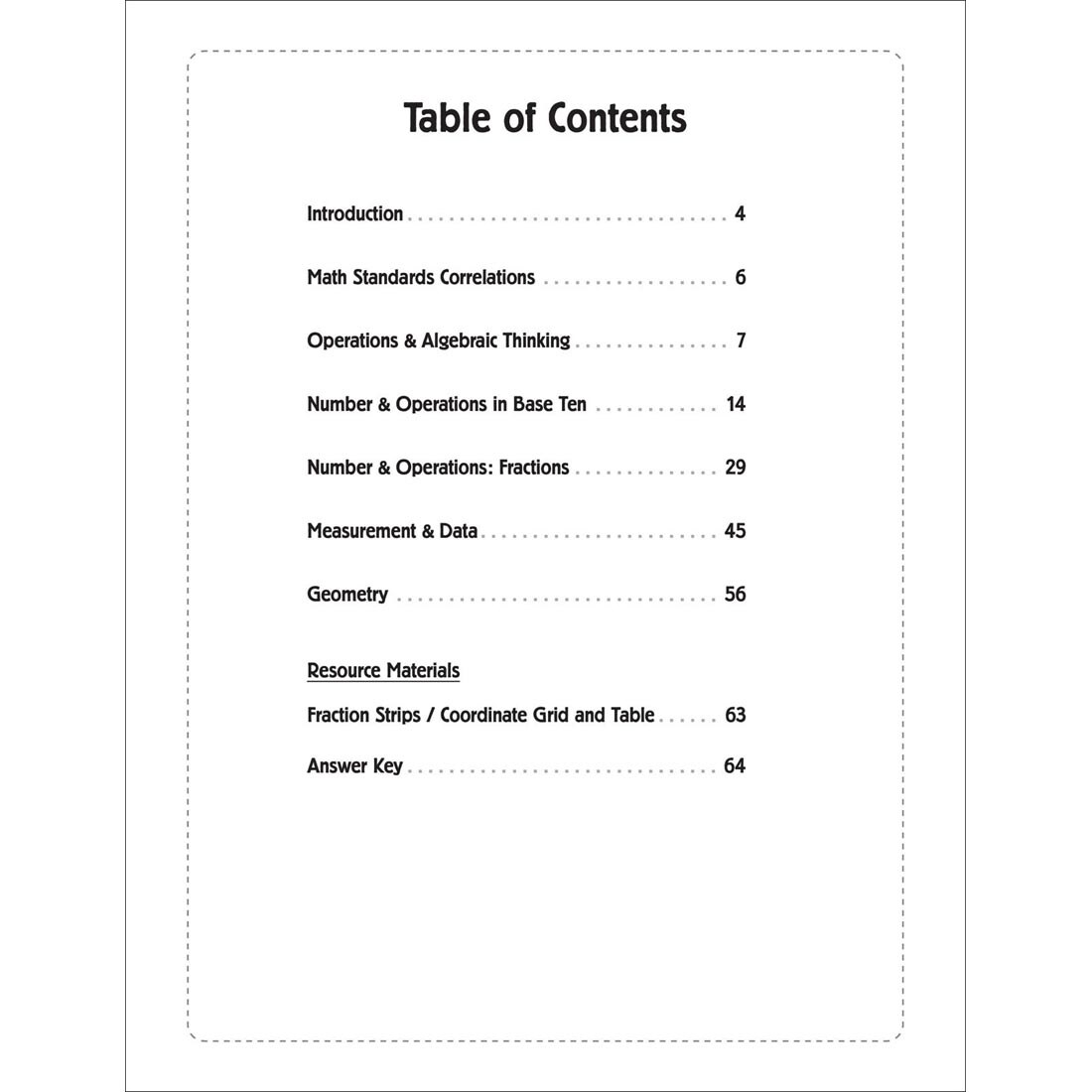 table of contents of Investigate Math Grade 5