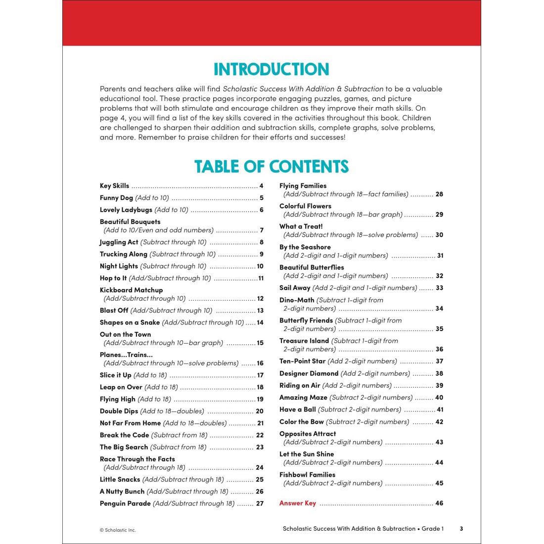 Table of Contents page from Scholastic Success With Addition & Subtraction Workbook Grade 1
