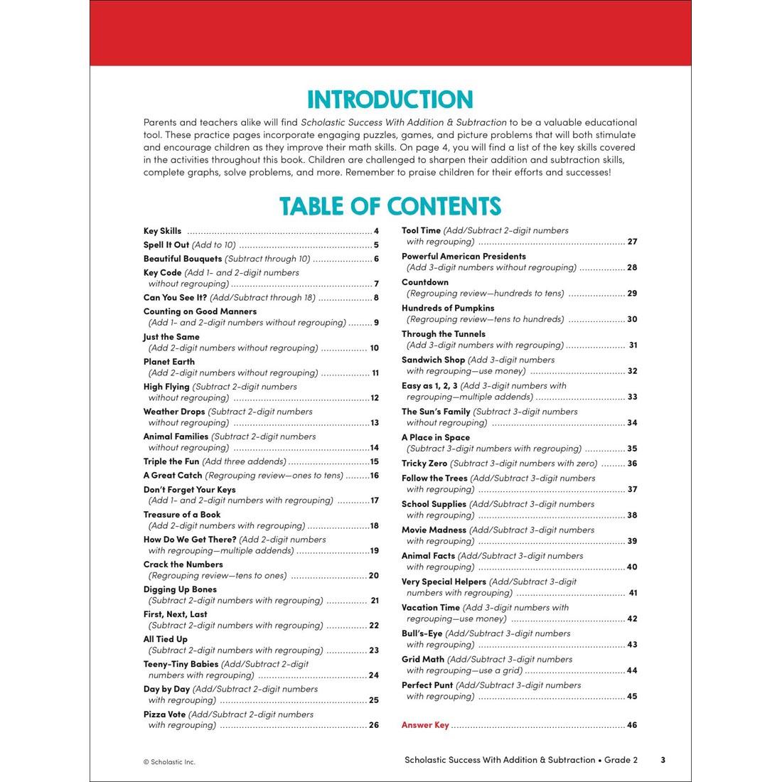 Table of Contents page from Scholastic Success With Addition & Subtraction Workbook Grade 2