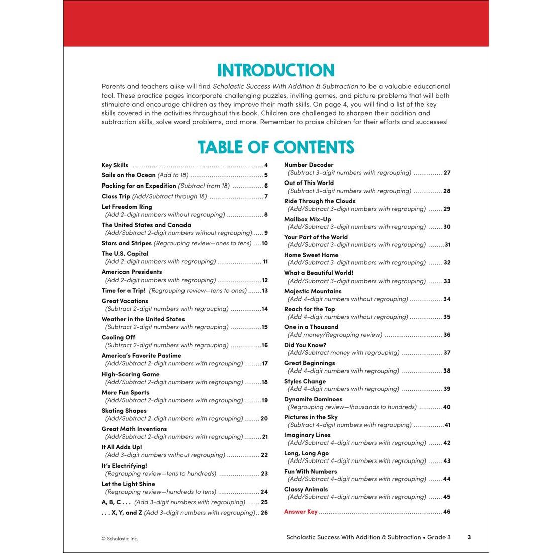 Table of Contents page from Scholastic Success With Addition & Subtraction Workbook Grade 3