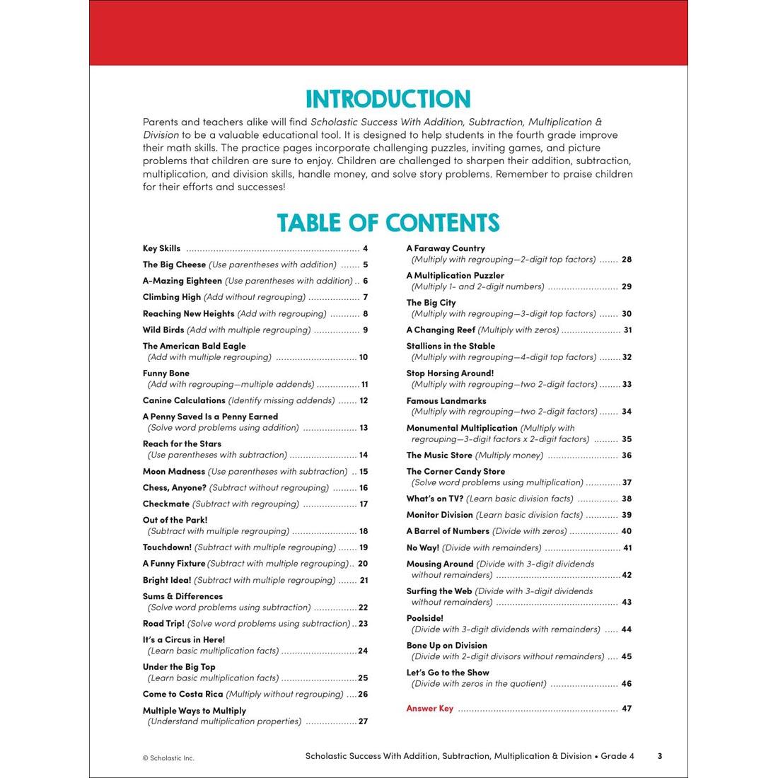 Table of Contents page from Scholastic Success With Addition, Subtraction, Multiplication & Division Workbook Grade 4