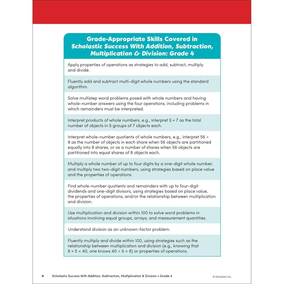 page 4 of Scholastic Success With Addition, Subtraction, Multiplication & Division Workbook Grade 4