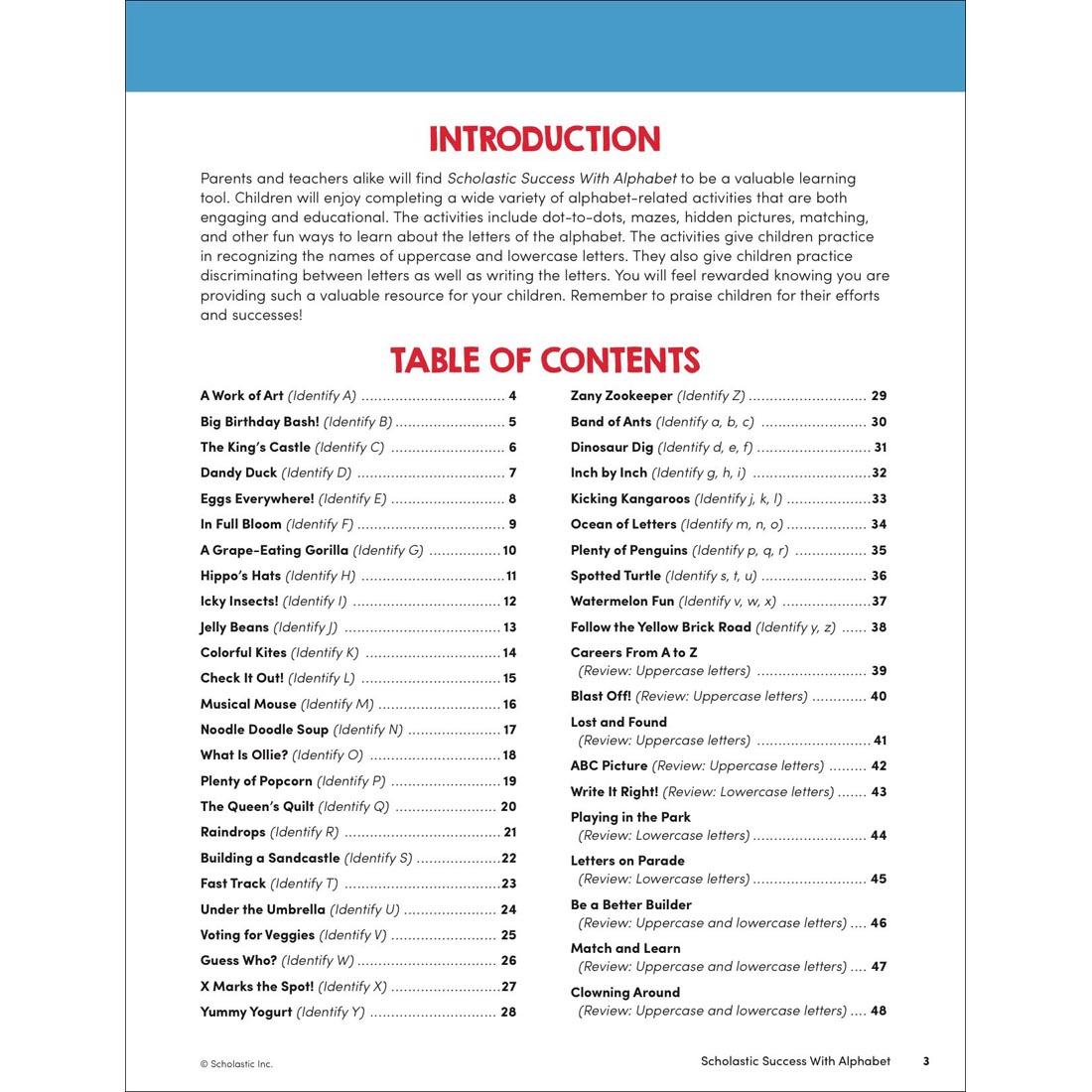 Table of Contents page from Scholastic Success With Alphabet Workbook Grades PreK-K