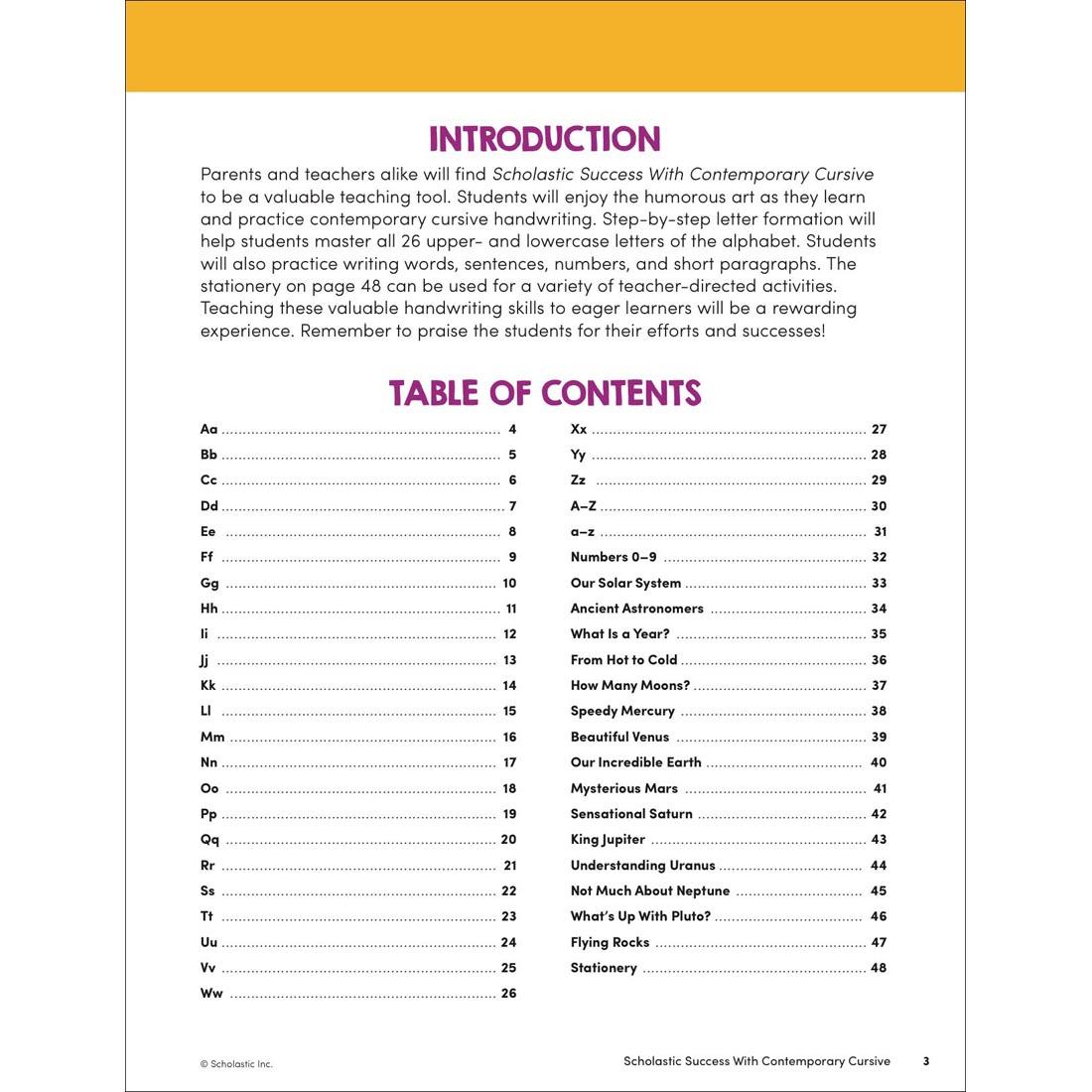 Table of Contents page from Scholastic Success With Contemporary Cursive Workbook Grades 2-4