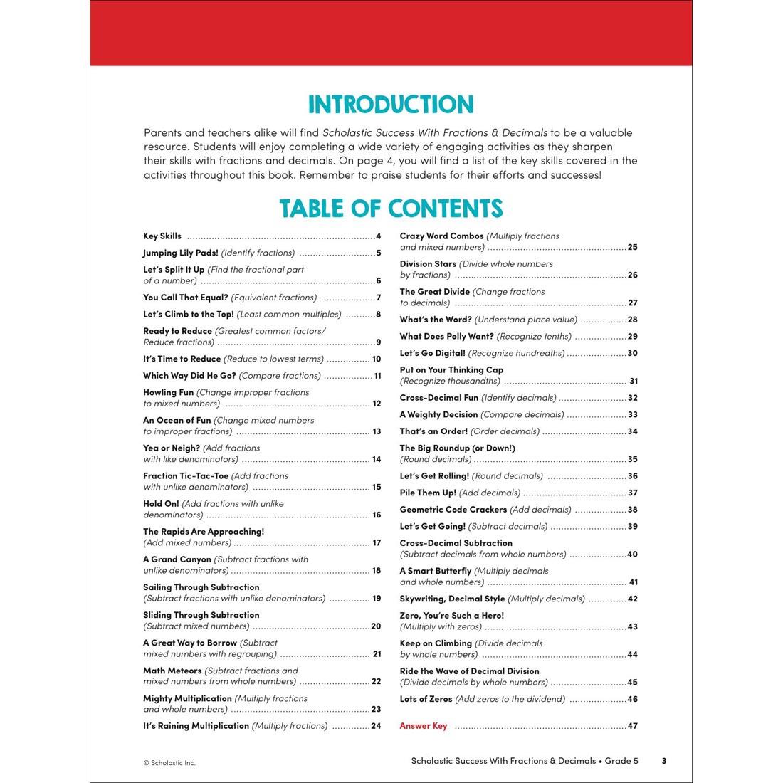 Table of Contents page from Scholastic Success With Fractions & Decimals Workbook Grade 5
