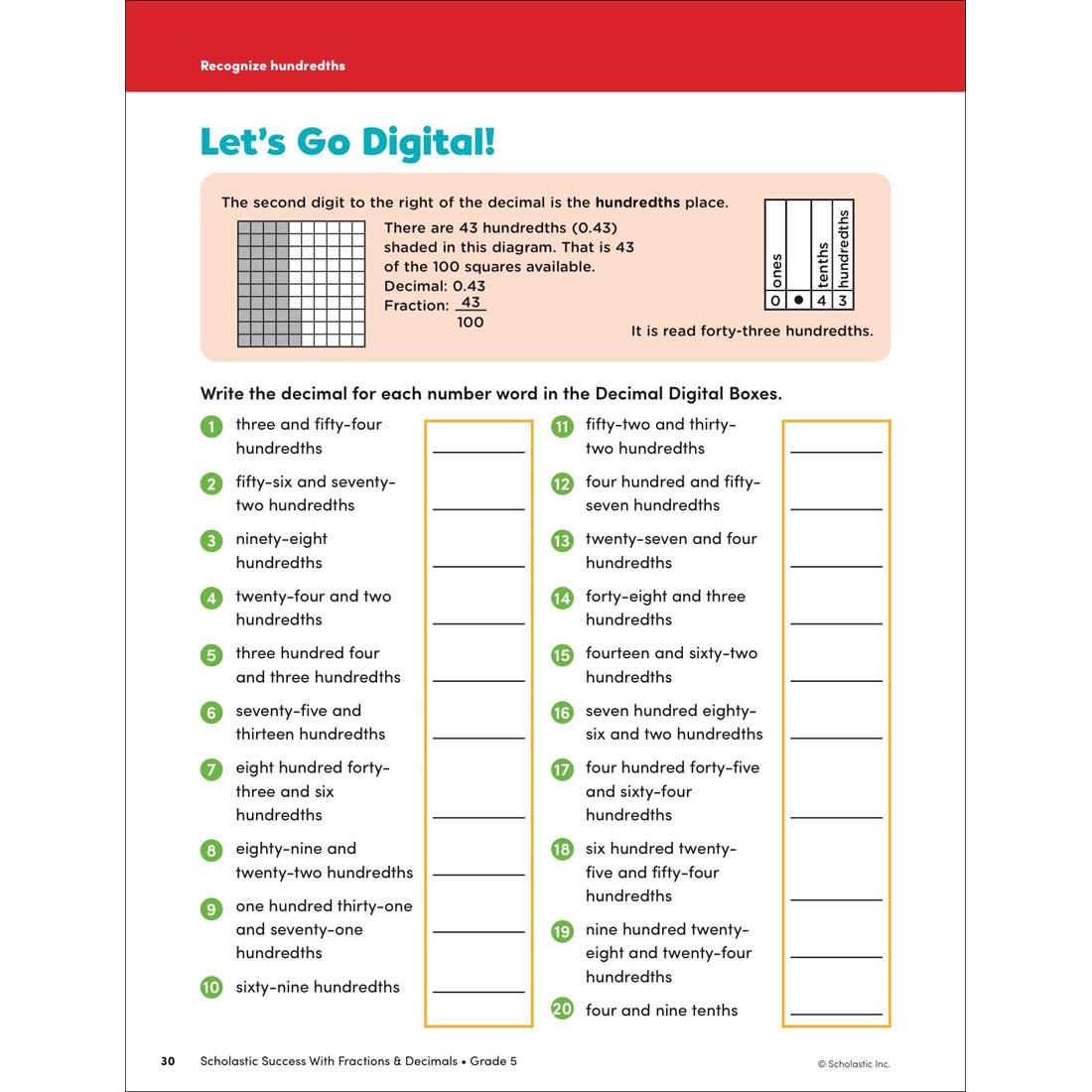 page 30 of Scholastic Success With Fractions & Decimals Workbook Grade 5