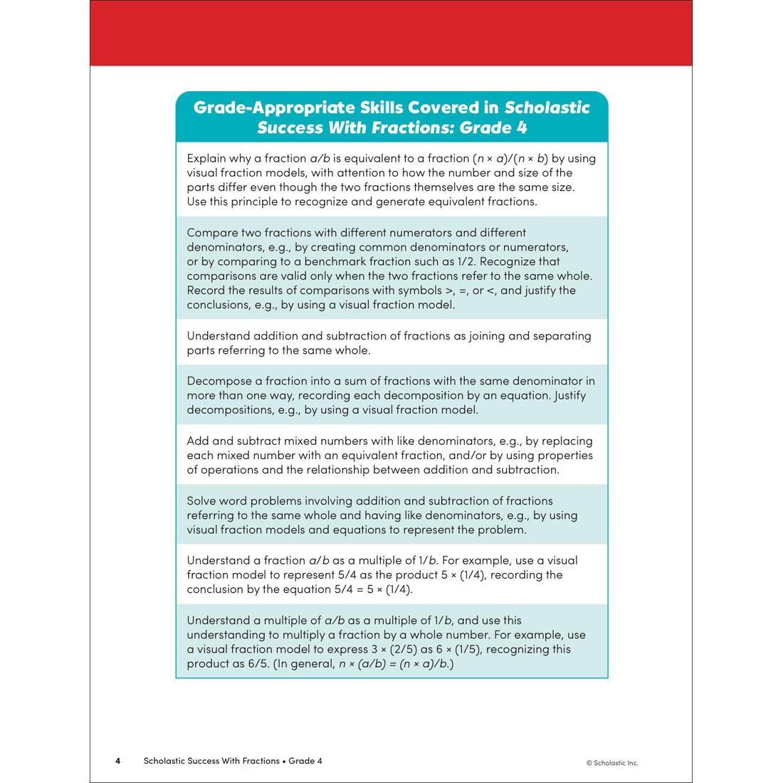 page 4 of Scholastic Success With Fractions Workbook Grade 4