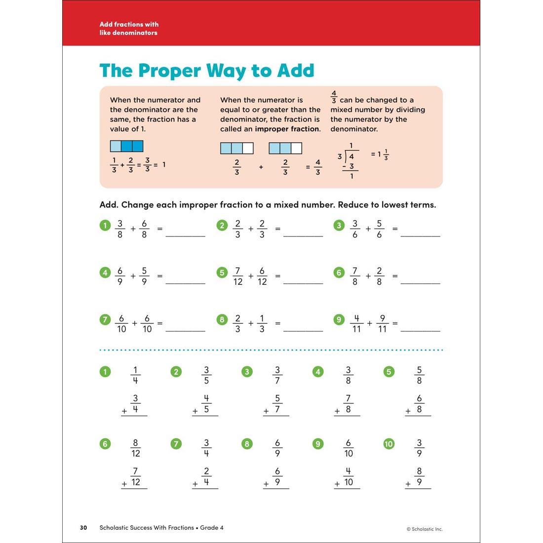 page 30 of Scholastic Success With Fractions Workbook Grade 4