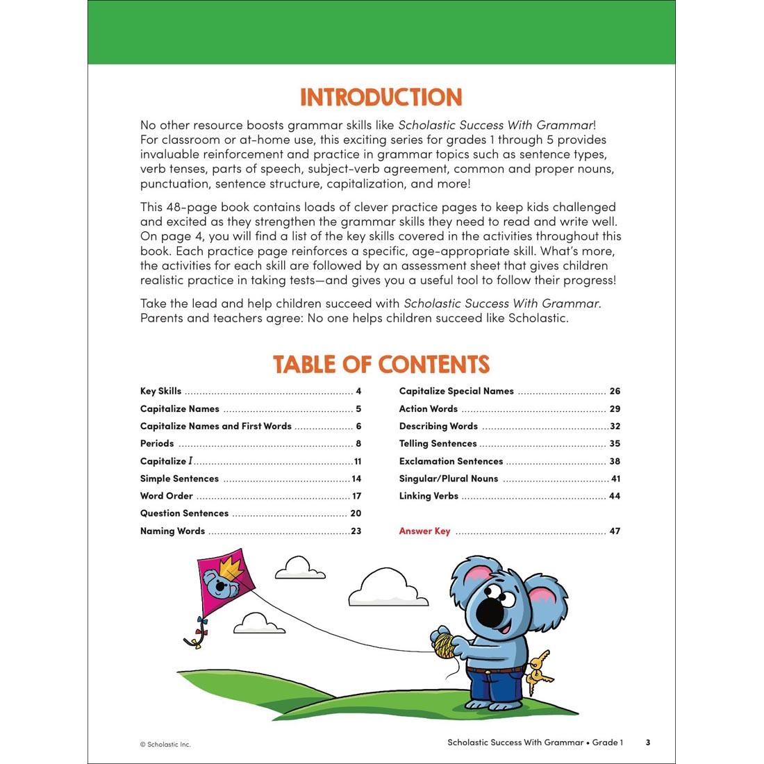 Table of Contents page from Scholastic Success With Grammar Workbook Grade 1